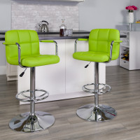 Flash Furniture Contemporary One Green Quilted Vinyl Adjustable Height Bar Stool with Arms and Chrome Base CH-102029-GRN-GG